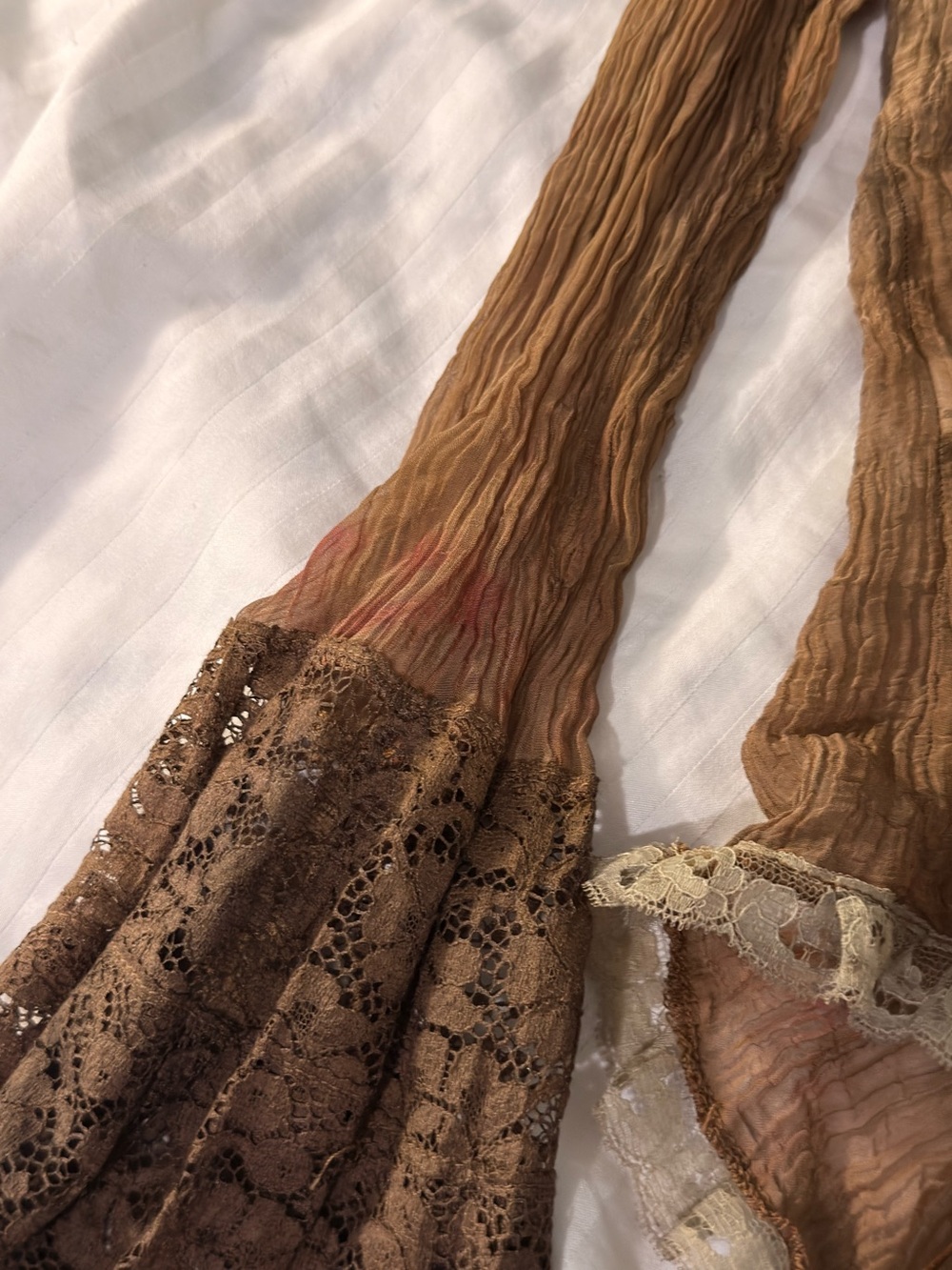 Insane Brown Scoop Neck Top with Lace Sleeves and Ruffles and Feather Accents - Picture 13 of 13